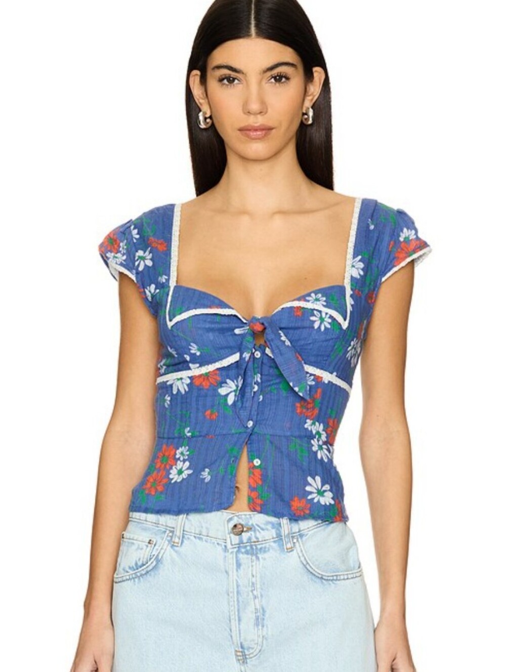 Free People Blue Floral Tie Front Peplum Top Cottagecore Boho Sz L - Picture 2 of 8